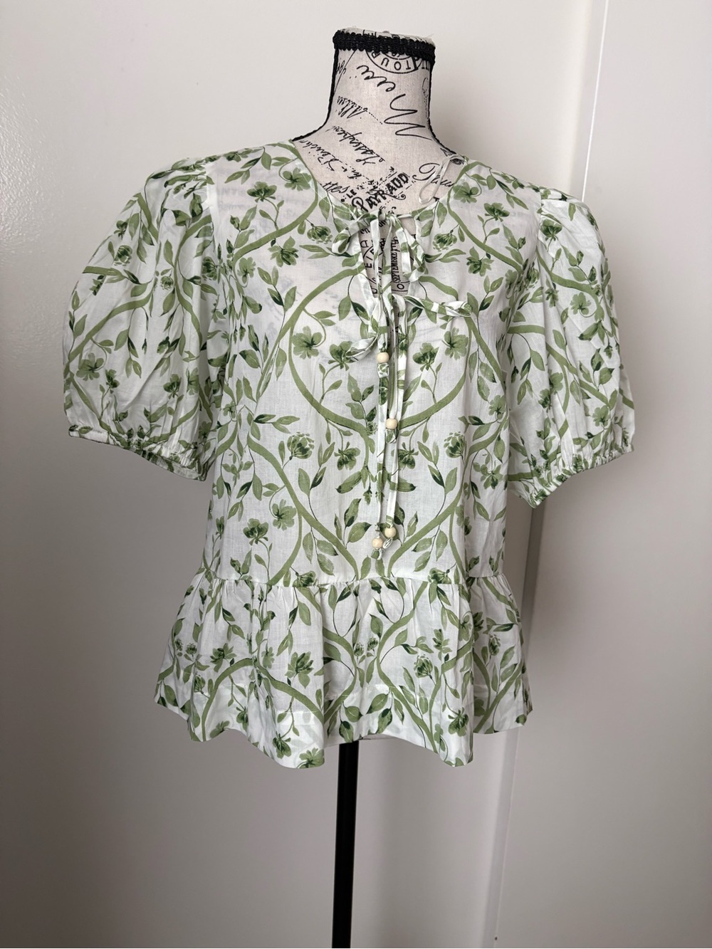 CeCe White Blouse with Green Floral Tie-Front Peplum - Picture 2 of 7